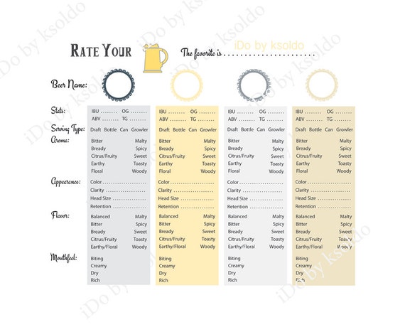 beer tasting rating sheet score card for up to 8 by