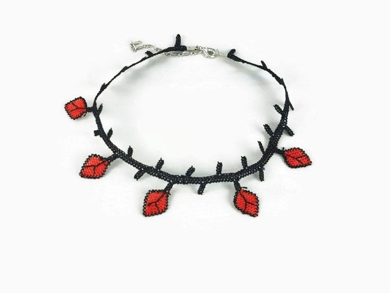 Red and Black Crocheted Leaves Choker Necklace, Turkish Needlework Lace Oya Jewelry, Statement Knitted Necklace
