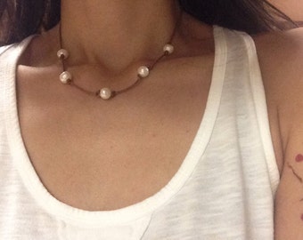 Knotted Pearl Necklace, Grecian Leather Pearl Necklace, Pearl and Leather Necklace
