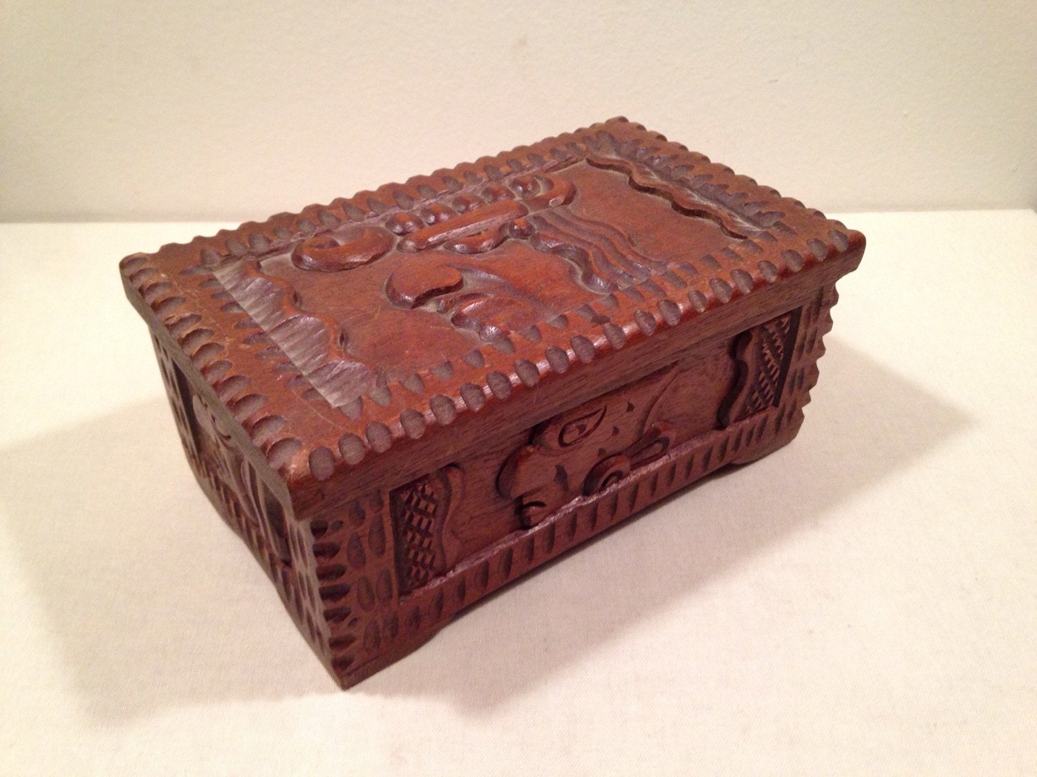 Vintage Carved Wood Mexican Aztec Mayan Treasure Box