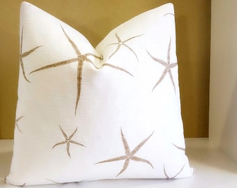 Starfish Pillow Cover - Nautical themed pillow - Available in multiple sizes - 16 inch to 24 inch Nautical fabric both sides or solid back