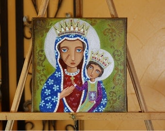 Charming Original Mixed Media painting On canvas 10 x 10 inch (25 x 25 cm) "Black Madonna " by Evona