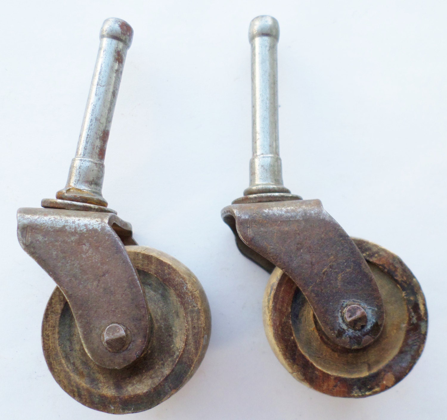 Vintage, Set of 2, Matching, Steel and Wood, Industrial, Wheels
