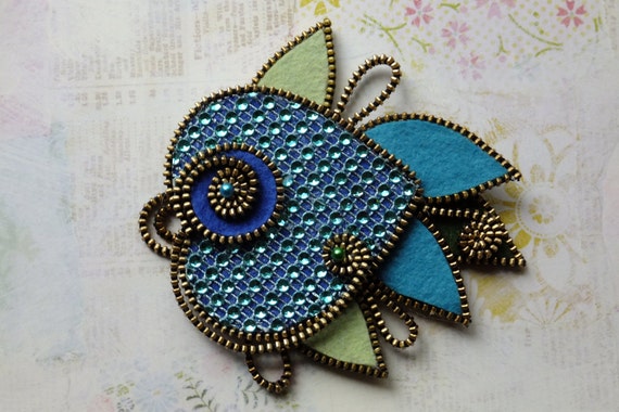 Blue Fish Zipper Brooch, Koi Fish Zipper Brooch, Fish Pin, Fish Coat Brooch