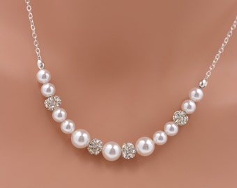 Set of 5 Bridesmaid Pearl Strand Necklaces, 5 Bridesmaid Necklaces, Pearl and Rhinestone Necklace, Ivory or White Pearl Silver Necklace 0232