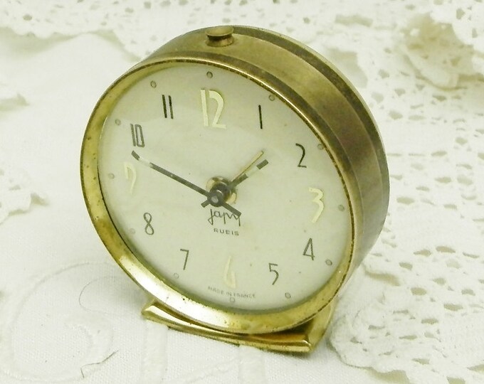 Small Working Vintage Mid Century 1960s French Mechanical Wind Up Japy Alarm Clock, 60s Tiny Retro Bedside Timepiece from France