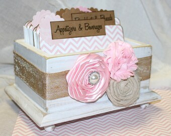 RECIPE BOX, Pink Recipe Dividers, Recipe Cards, Light Pink Chevron, Burlap, Distressed White Box, Shabby Chic Bridal Shower
