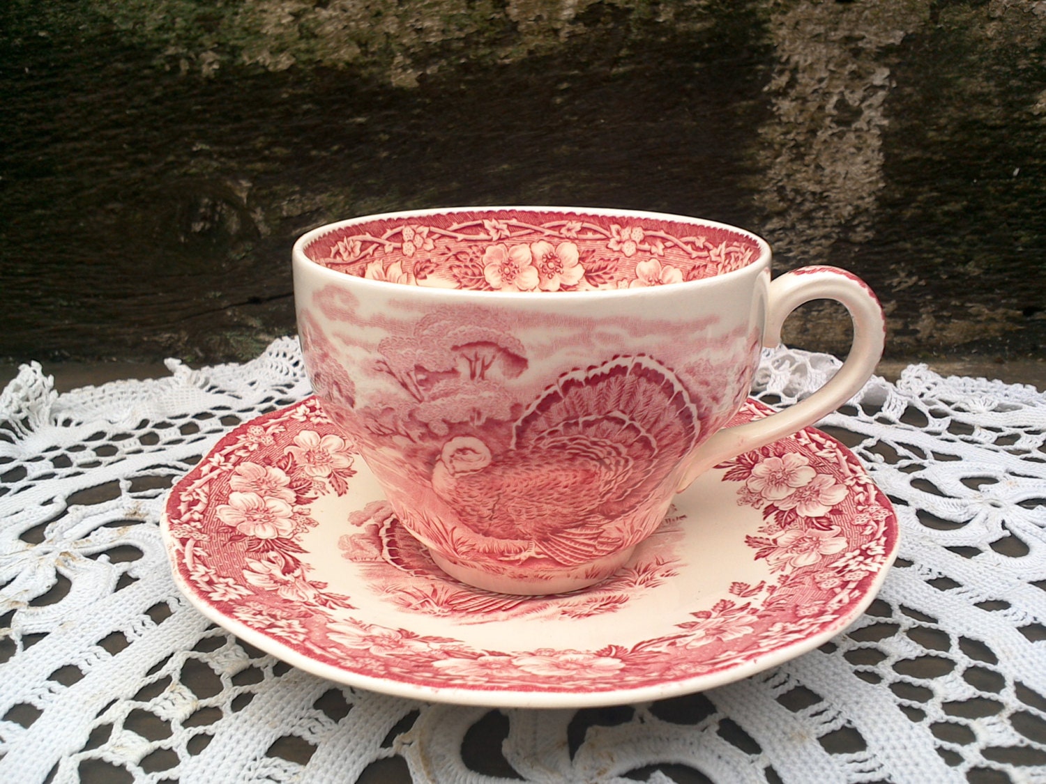 Wedgwood Turkey Tea Cup and Saucer Set Red Transferware