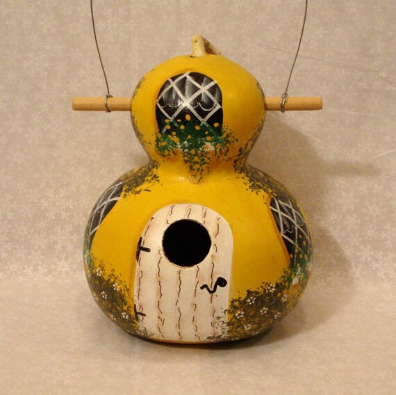Bright Yellow & White Cottage Bottle Gourd Birdhouse