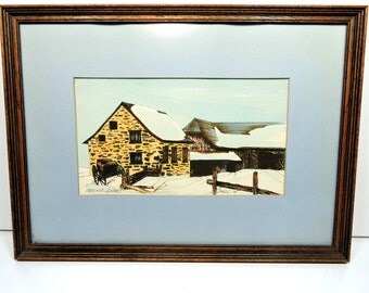 Framed Quebec Watercolor Winter Scene Vintage Painting French Country Marieville Farmhouse