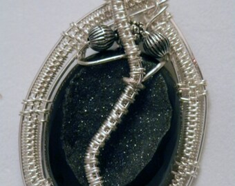 Elegant Black Druzy in Silver Wire - Handmade Wire-weaved Pendant with Gemstone