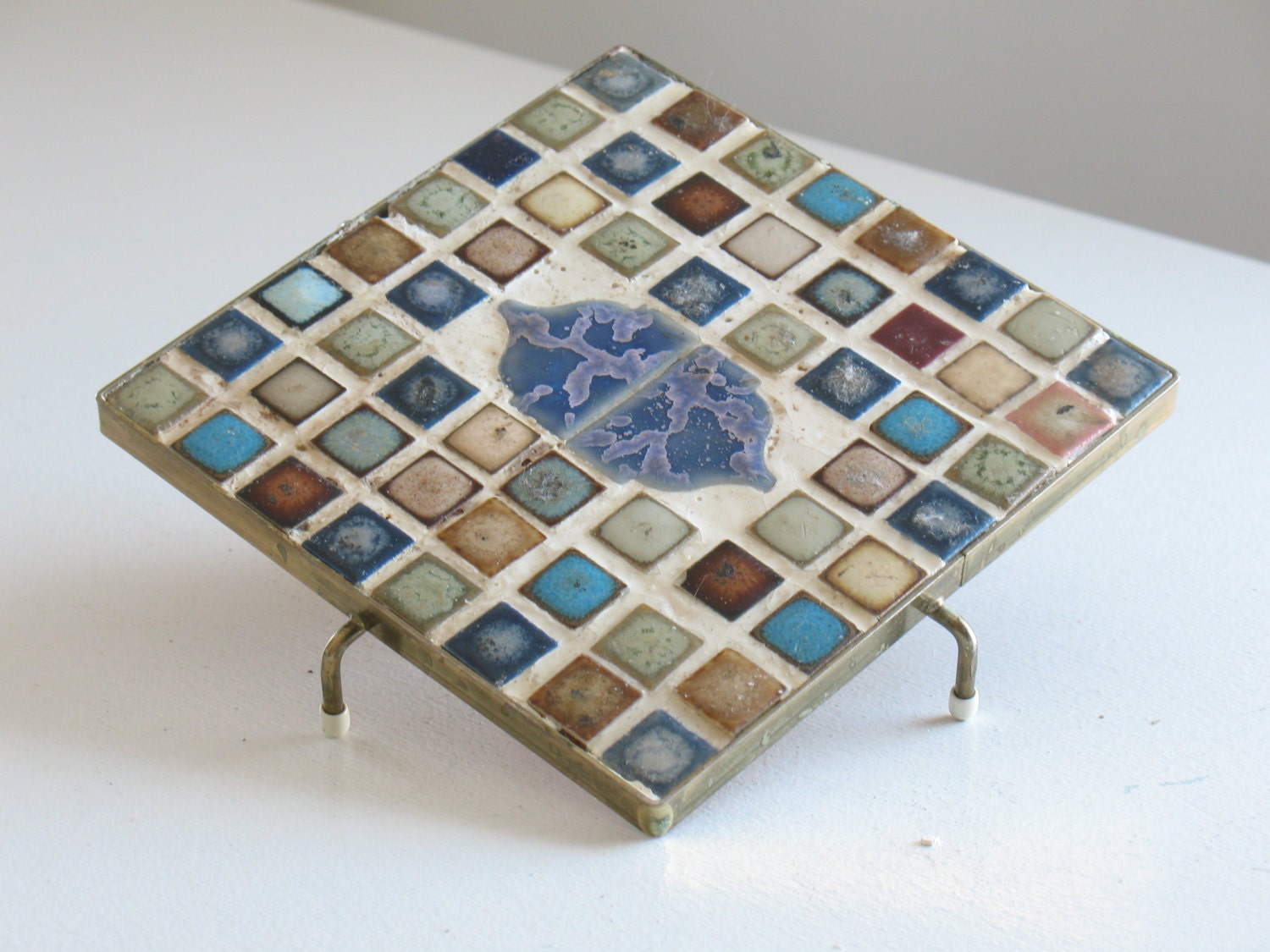 Vintage mosaic tile trivet / boho kitchen decor / blue brown