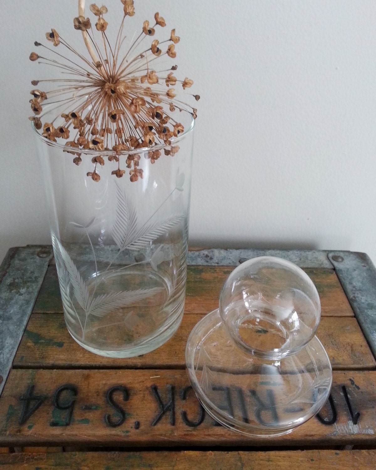 Vintage Apothecary Floral Etched Glass Jar with Lid Mid