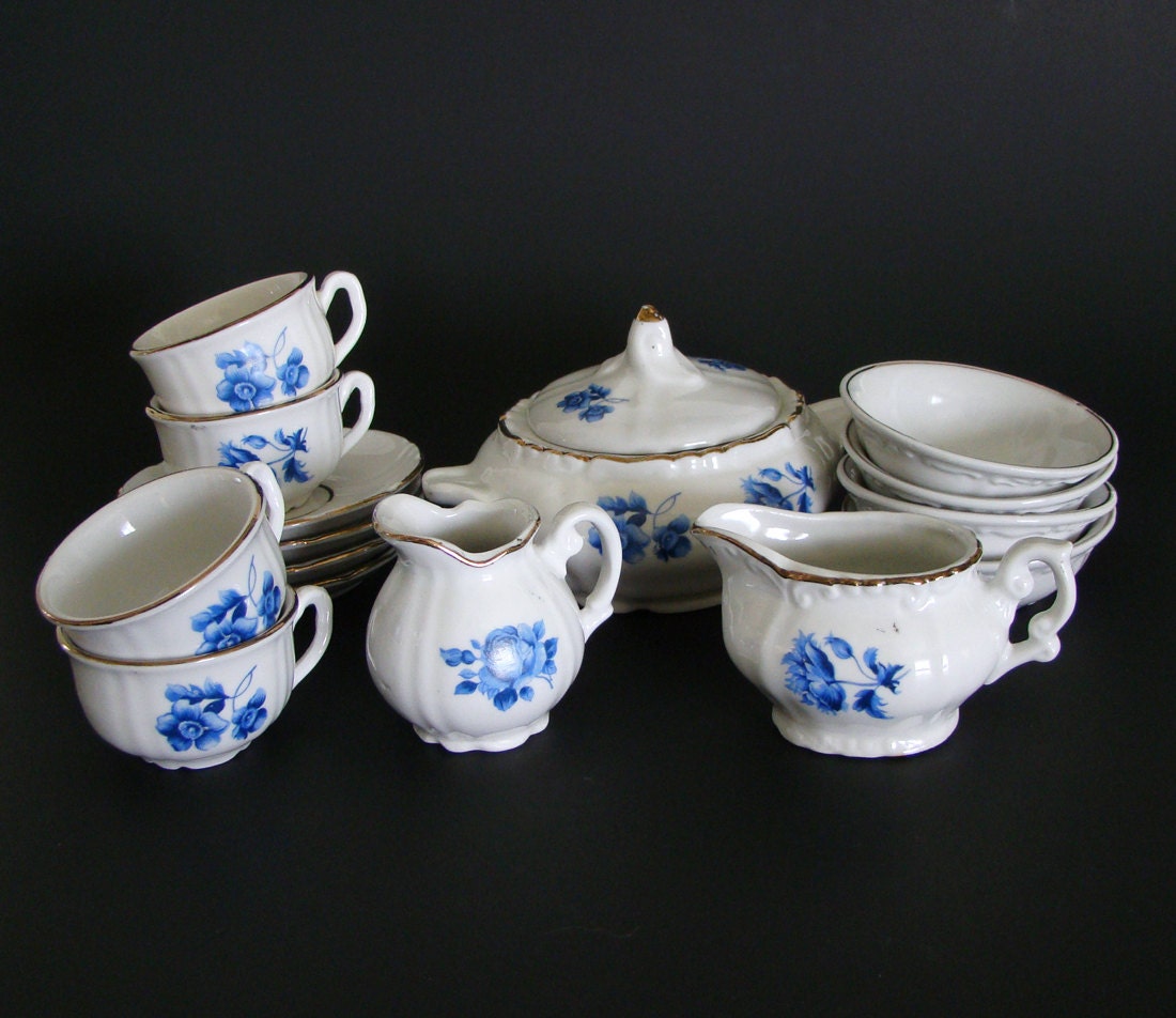Vintage China Childs Tea Set and Assorted Dishes Blue Floral
