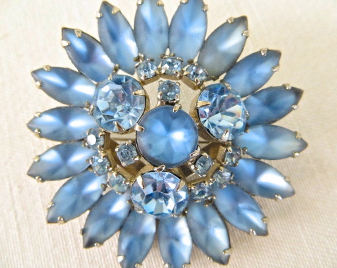 Vintage Moonglow Brooch, Blue Rhinestone Pin, Rhodium Setting, Celestial Jewelry