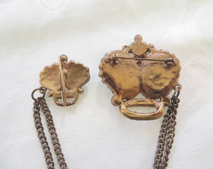 Vintage Crown Brooch, Crown Chatelaine Double Crown Pin, Heraldic Jewelry