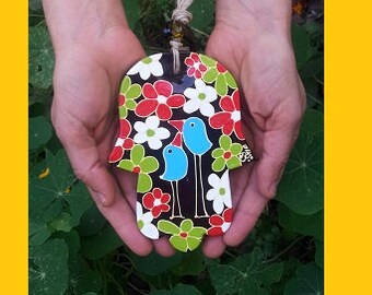 hand painted glass hamsa - BIRDS &FLOWERS