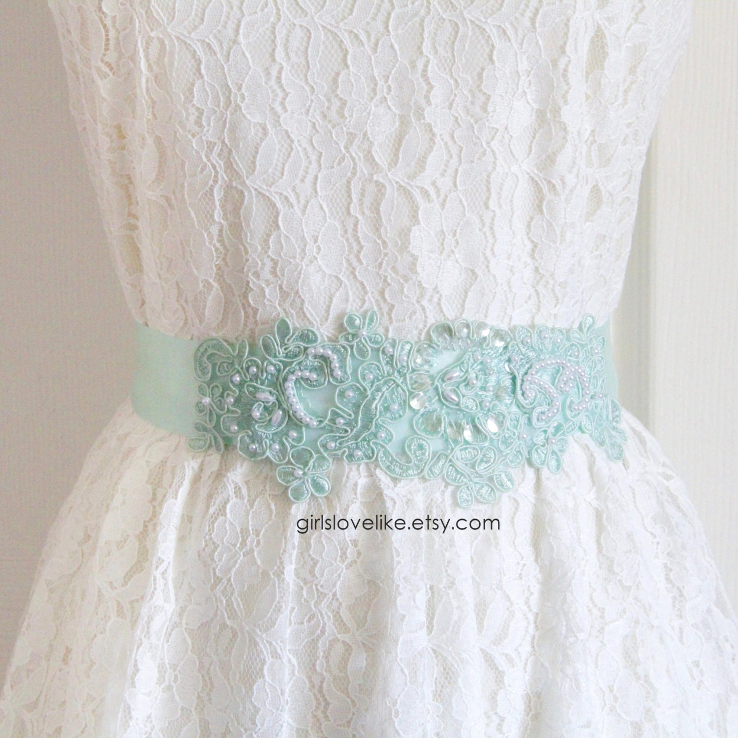Mint Green Hand Dye Alencon Lace with White Pearl Beading