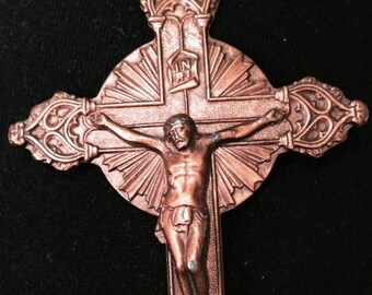 Vintage Standing Figural Crucifix Skull and Crossbones Painted Bronze Spelter Petite Victorian Devotional