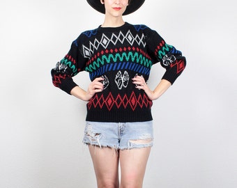 Vintage 80s Sweater New Wave Pullover 1980s Sweater Black Red Green Blue Nordic Sweater Cosby Sweater Mod Boyfriend Sweater Jumper S Small M