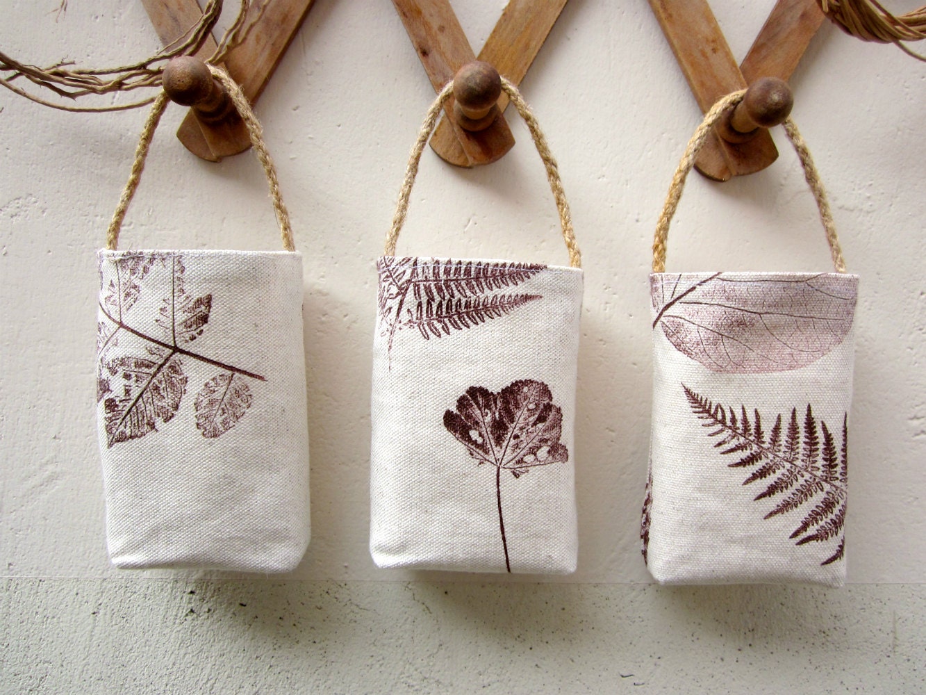 Fabric baskets Handprinted fabric wall hanging by TwoLittleAnts