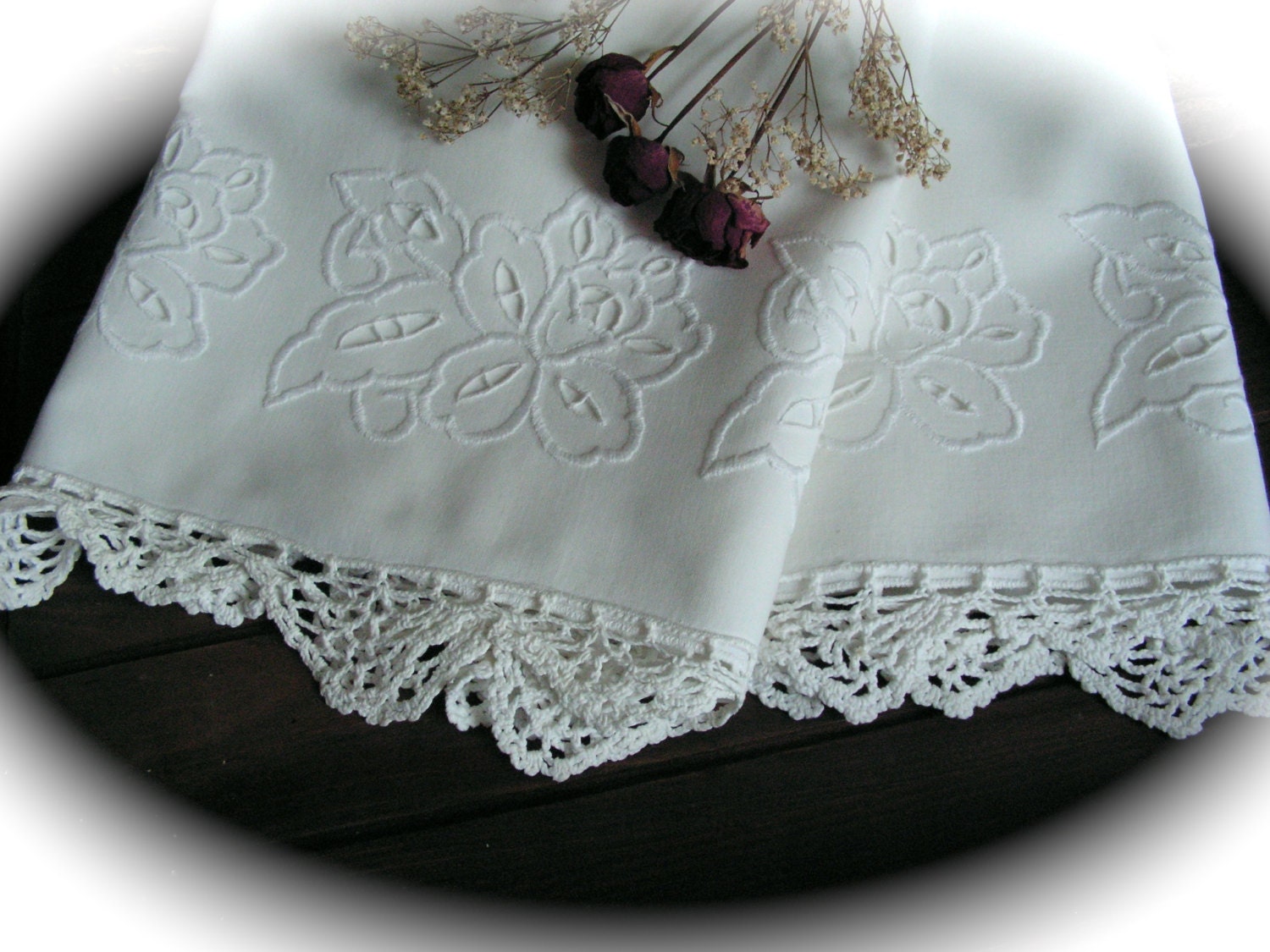 VINTAGE CROCHETED PILLOWCASE. White embroidered pillowcase