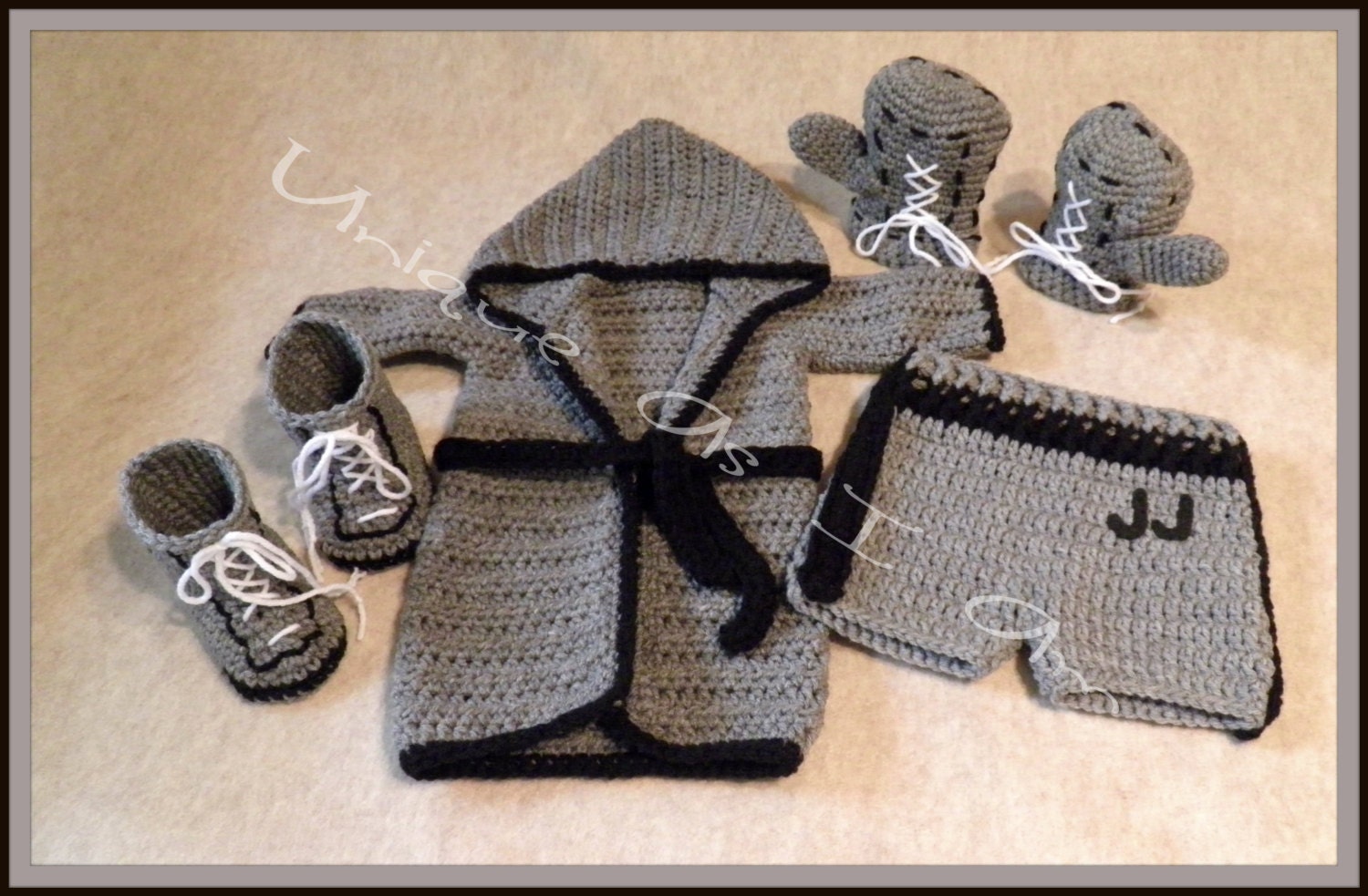 Crocheted Baby Boxing Outfit with Gloves and by UniqueAsIAm