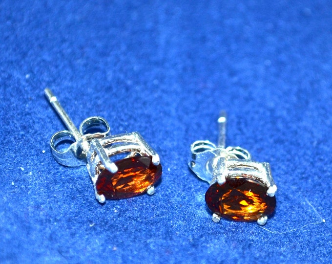 Spessartite Garnet Stud Earrings, 7x5mm Oval, Natural, Set in Sterling Silver E645