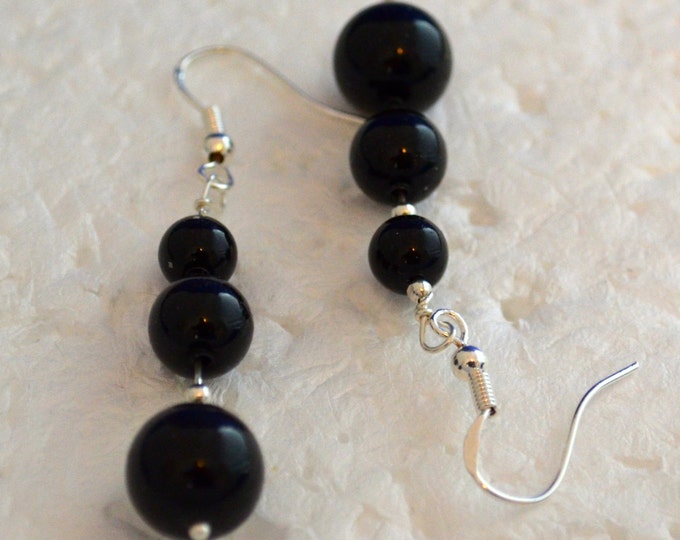 Black Agate French Hooks, Natural, Metal Sterling Silver E706