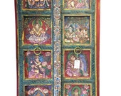 Vintage Shiva Parvati Ganesha Kartikeya Painted Door Panels Yoga-Indian Antique Door