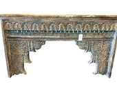 Antique Carved Frame Teak Blue Patina Salvaged-Indian Architectural Fireplace Console