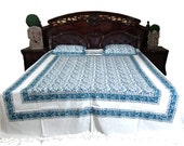 indian Bedding Bed Cover Floral blue kalamkari Pillowcases Handloom Cotton Bedspreads