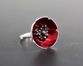 Enamel ring, promise ring, sterling silver ring for women, poppy ring, fashion ring, statement ring, red ring, enamel jewelry, unusual ring