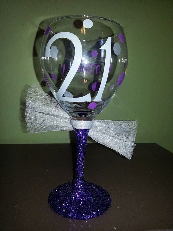 21st BIRTHDAY Personalized Glitter Stemmed Wine Glass