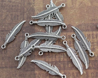 10 Feather Charms Feather Pendants Antiqued Silver Tone Double Sided 7 x 24 mm