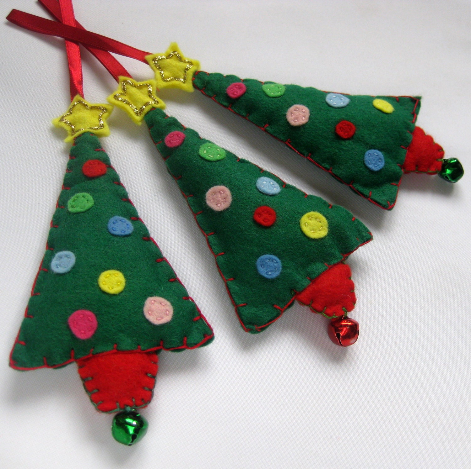 Set of 3 Handmade Felt Christmas Tree Hanging Decoration with Baubles, Star and Bell