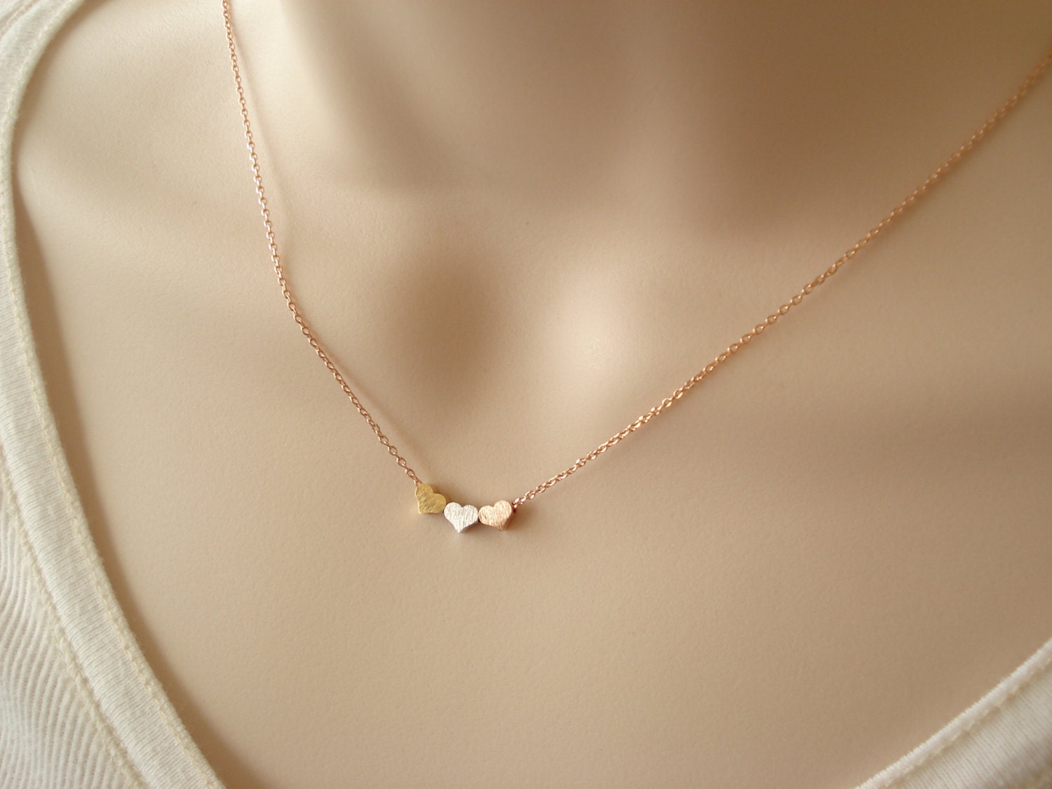 All my heart...Tiny three hearts necklace in Gold Rose gold