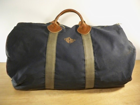 Vintage Ll Bean Blue Canvas And Brown Leather Duffle Gym By Joeymest 4584