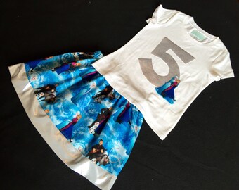 RTS size 5T Custom Frozen Elsa birthday number or initial shirt with matching Frozen twirly skirt