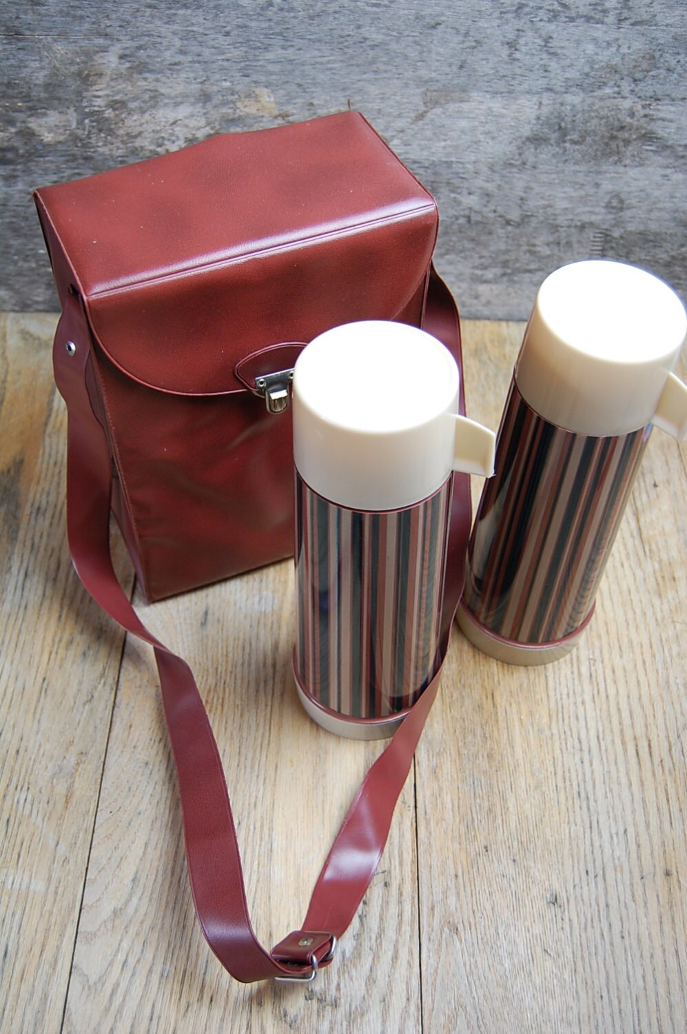 vintage set of 2 striped Aladdin Thermoses in vinyl carry case with