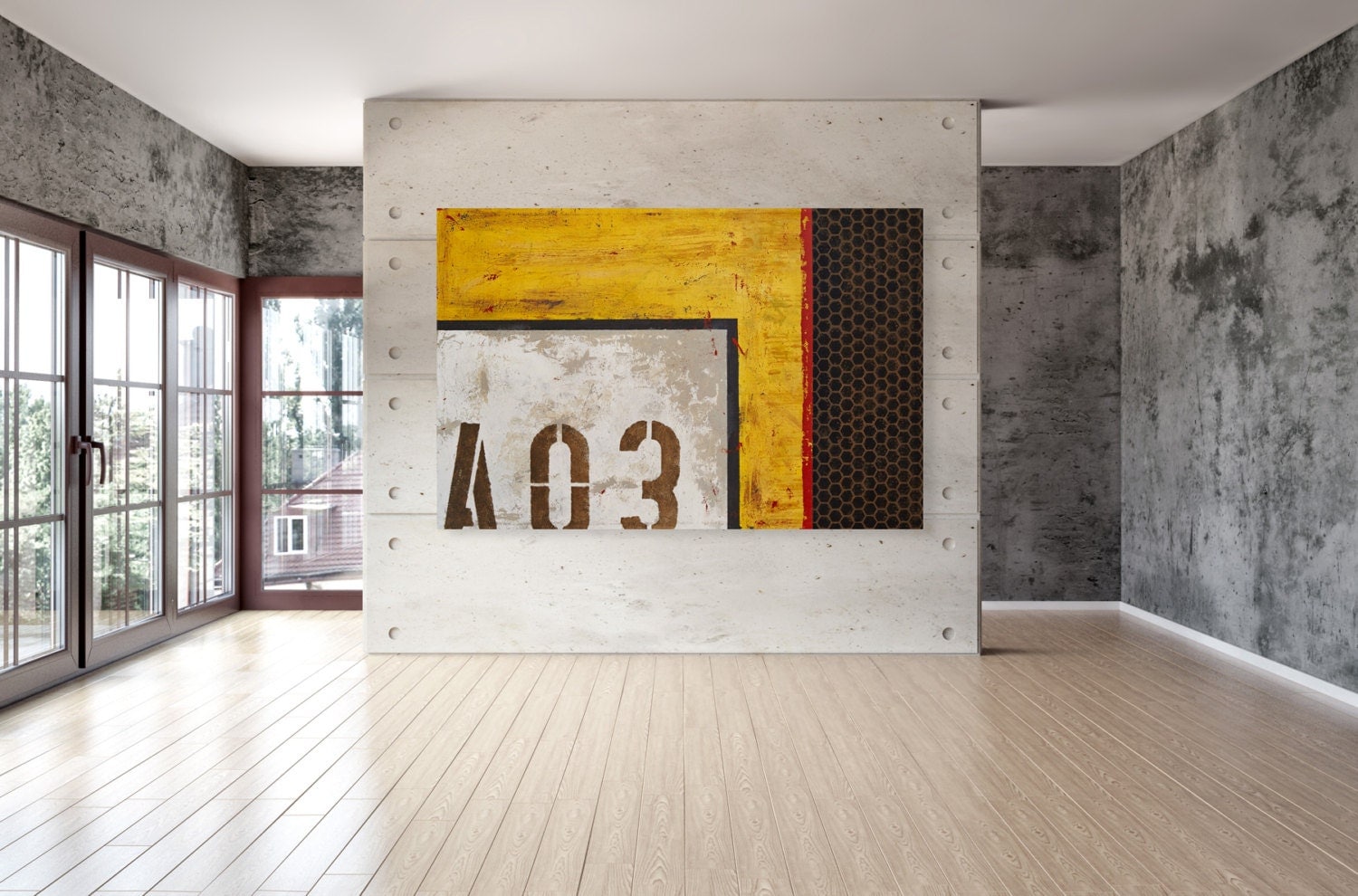 Large Abstract Industrial Wall Art in Yellow and Black with