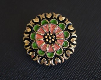 Czech Glass Button, hand painted, Black, size 12, 27mm, 1pc (BUT214/12)