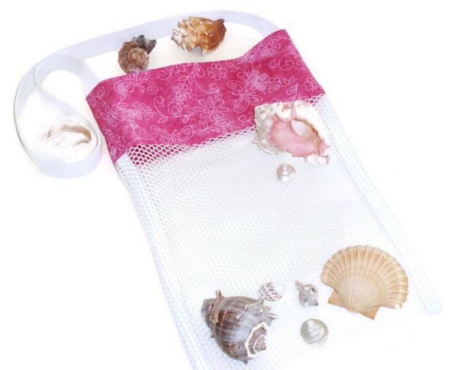 Pink Sea Shell Bag, Shell Collecting Tote Bag, Beachcomber Bag, Butterfly Mesh Beach Bag, Sand Toy Bag, Pool Toy Bag, Gift For Girls