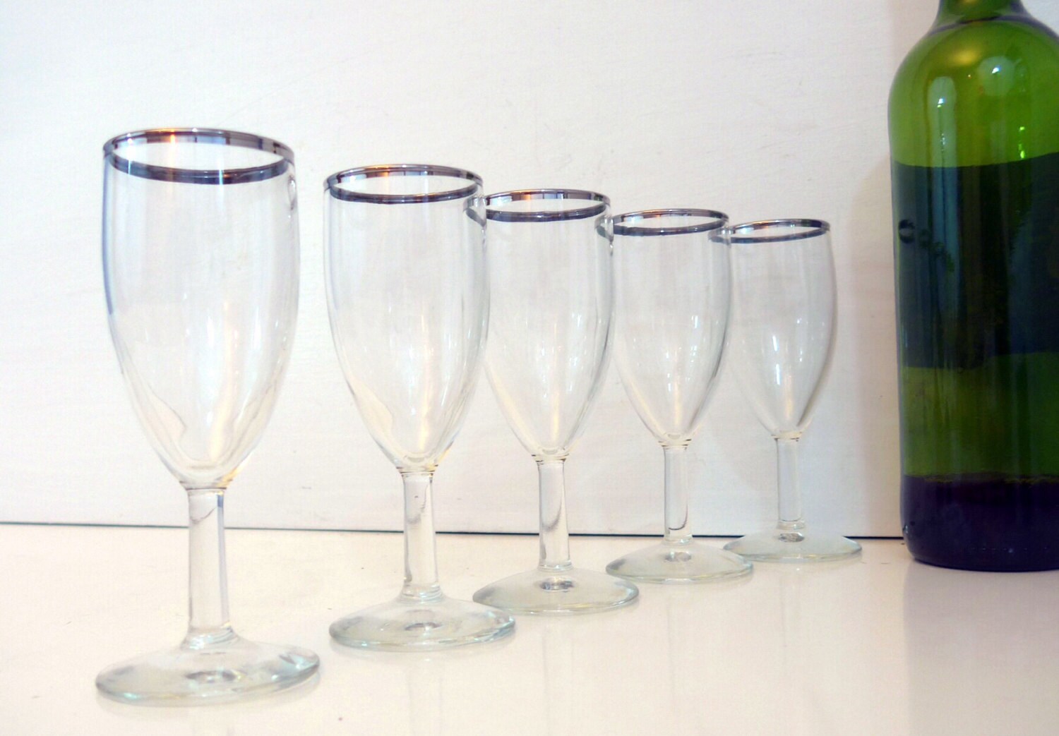 Vintage Set Of 5 Silver Rim Wine Glasses 5 Mid Century Wine Clear