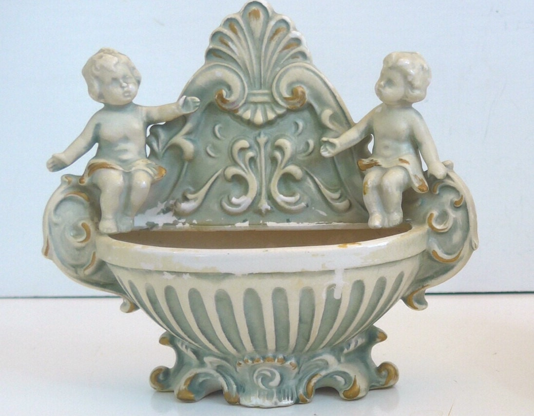 Vintage Pair of Angel Pocket Vases 2 Ceramic Wall Pocket Vases