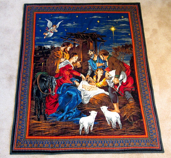 Christmas scene Nativity wall hanging quilted with gold
