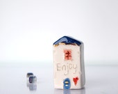 ENJOY - My little Clay House in Blue with some Gold details, Unique handmade home decor gift, Celebration new home gift