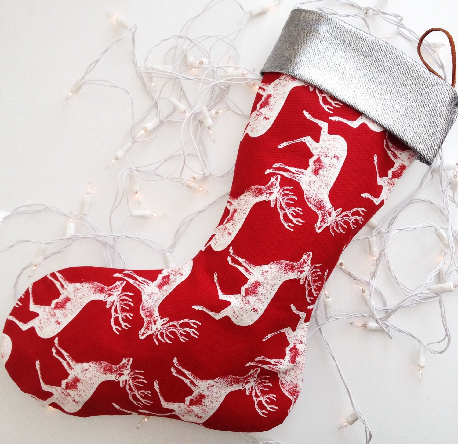 Christmas Stocking- Hipster Reindeer | Silver, Red & White |