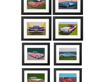 Mid Century Modern Eames Retro Set of Eight Prints from Original Paintings 1959 Classic Cars