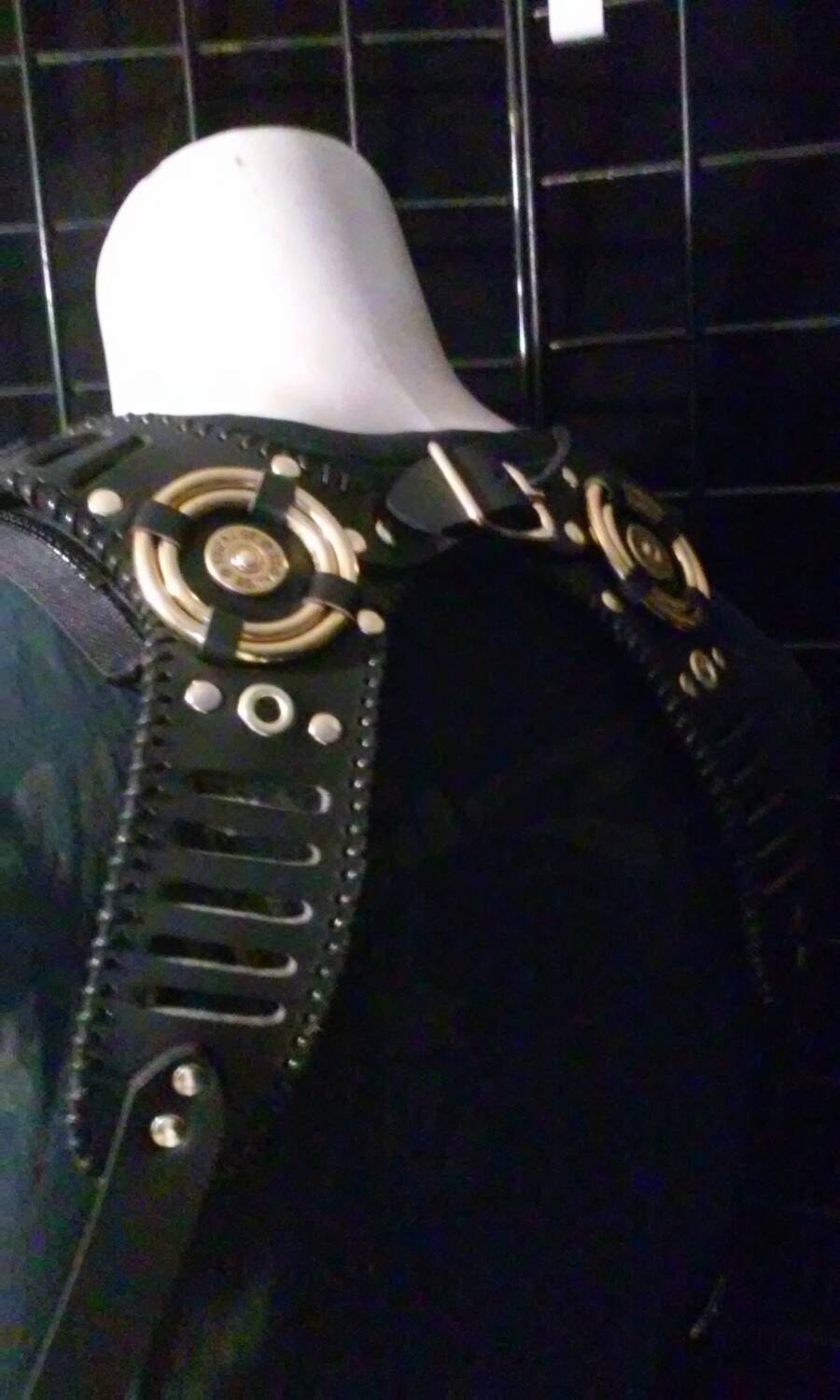 Black & Brass Shotgun Shell Black Leather Suspenders